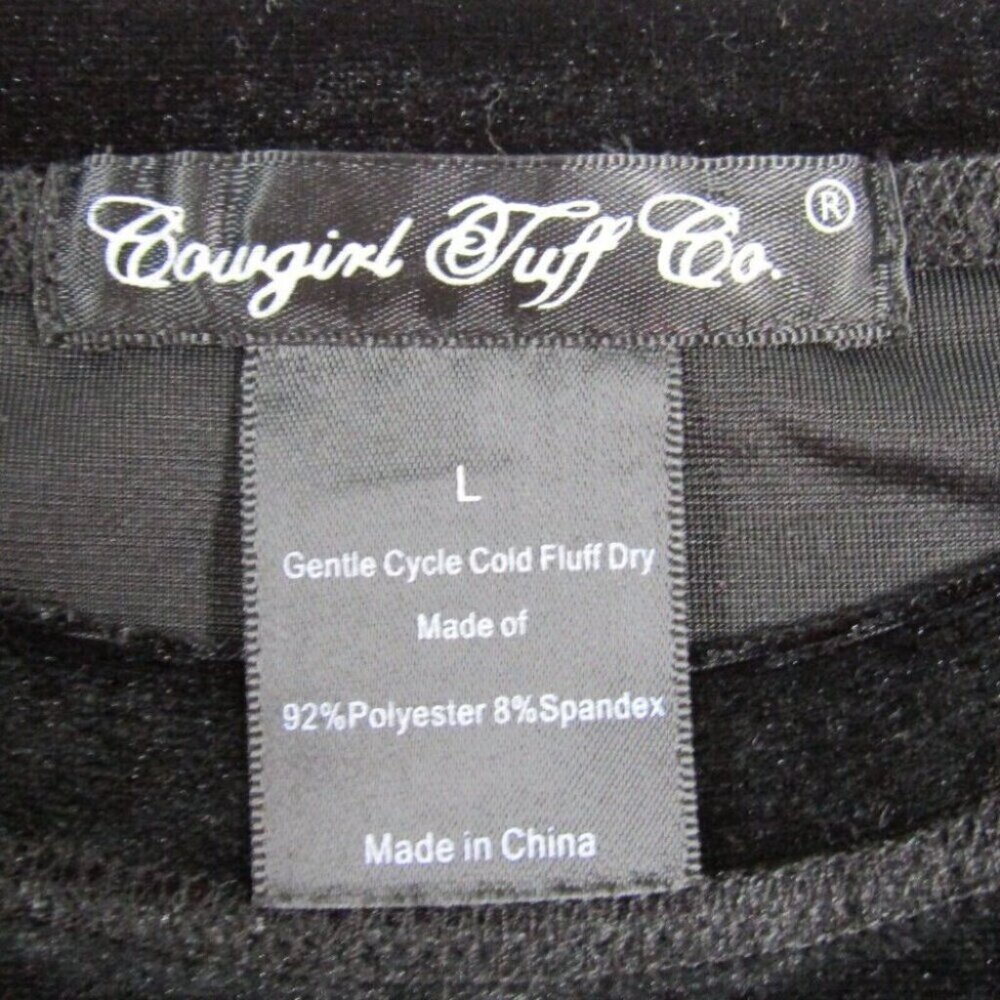 Cowgirl Tuff Black Velvet Long Lace Sleeve Top Womens Size L Velour New Tag - Picture 6 of 10